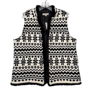 NWT Talbots Black White Knit Faux Fur Trim open front Vest fair Isle 2X